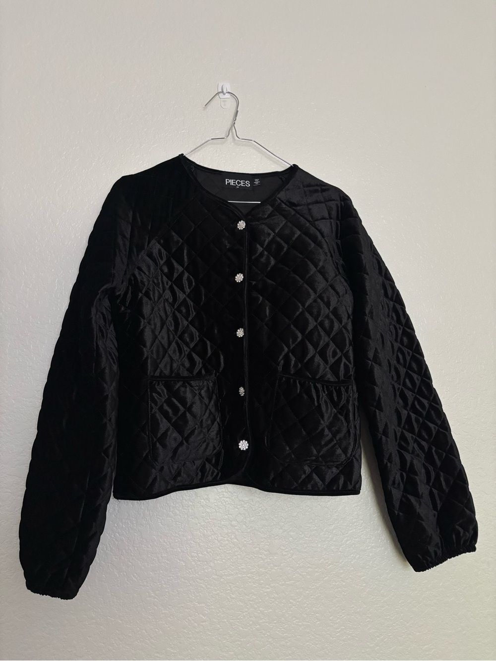 Black Velour Quilted Puffer Jacket with Decorative Stone Buttons